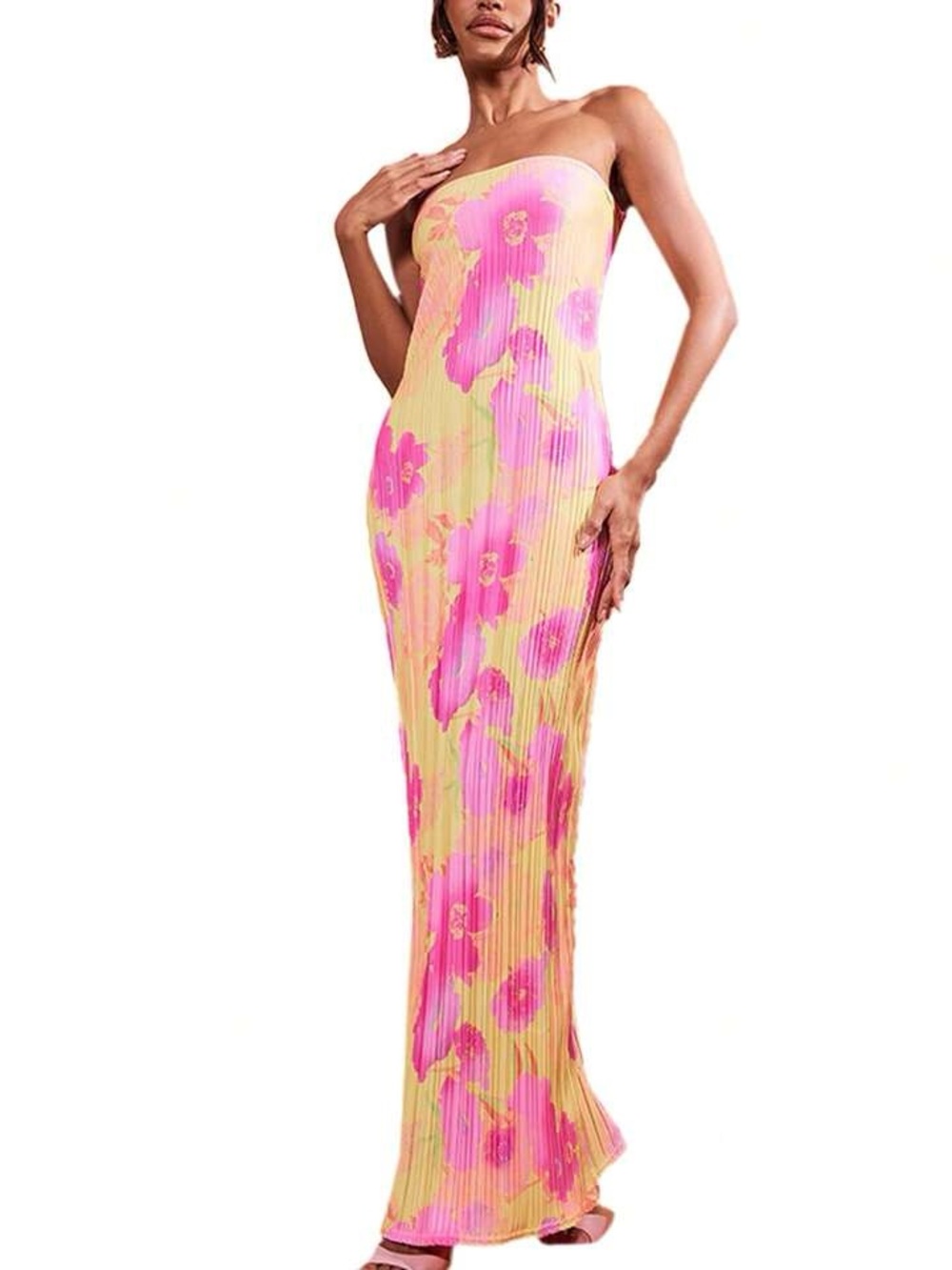 PrettyLittleThing Yellow Strapless Maxi Dress with Pink Floral Print